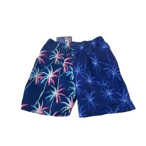UZZI Boys Swim Trunks Blue & Pink Palm Tree Print L Quick-Dry Elastic Waistband